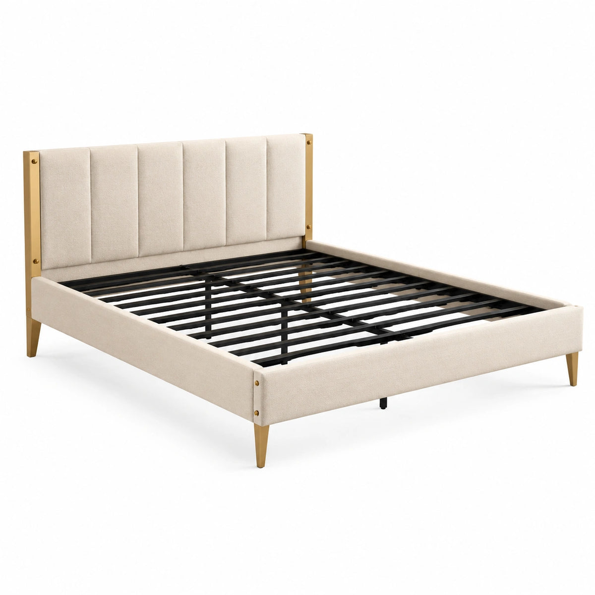 Modernes Polsterbett 160 × 200 cm in Beige/Gold mit Metalllattenrost, 170 × 213 × 120 cm