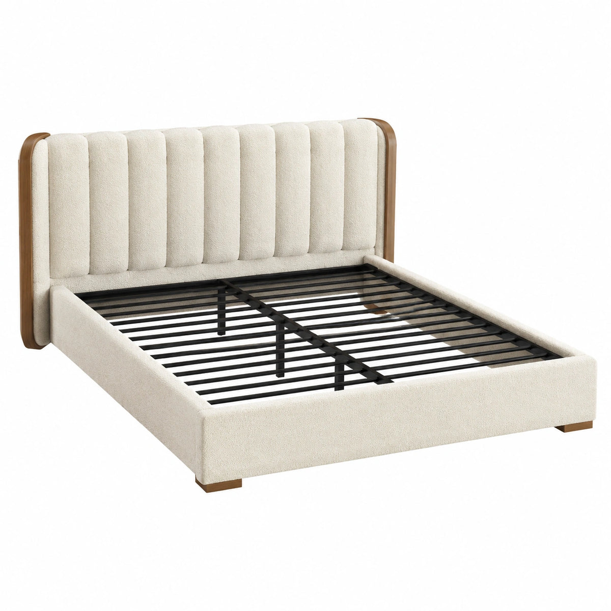 Polsterbett 160 × 200 cm in Creme, Braun und Schwarz mit Bouclé-Bezug, hohem Kopfteil und Metall-Lattenrost