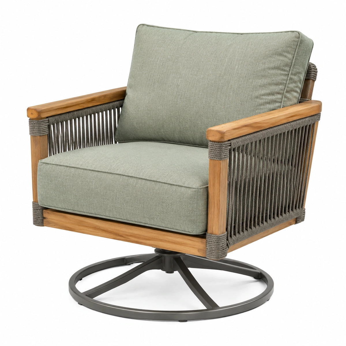 Drehbarer Outdoor-Sessel mit Holzrahmen und Seilbespannung, 85 × 85 × 90 cm, Grün/Braun/Grau/Schwarz