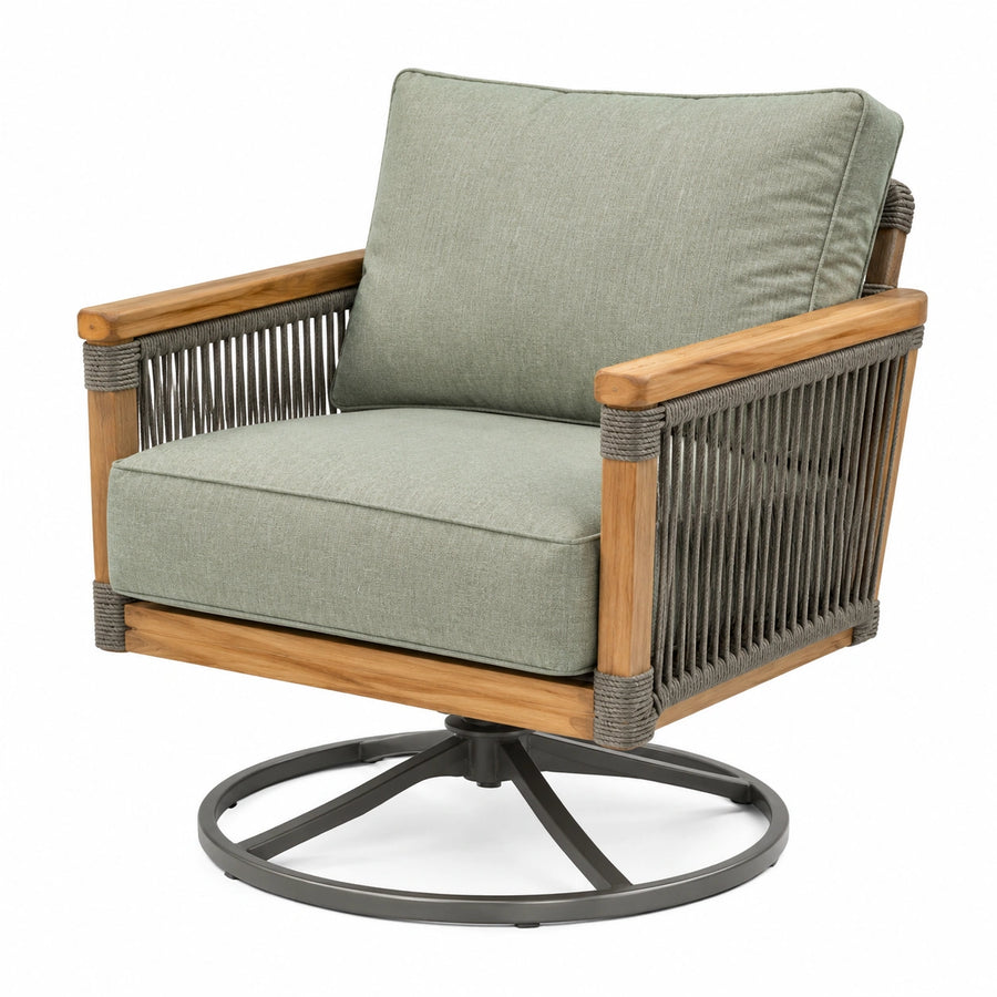 Drehbarer Outdoor-Sessel mit Holzrahmen und Seilbespannung, 85 × 85 × 90 cm, Grün/Braun/Grau/Schwarz