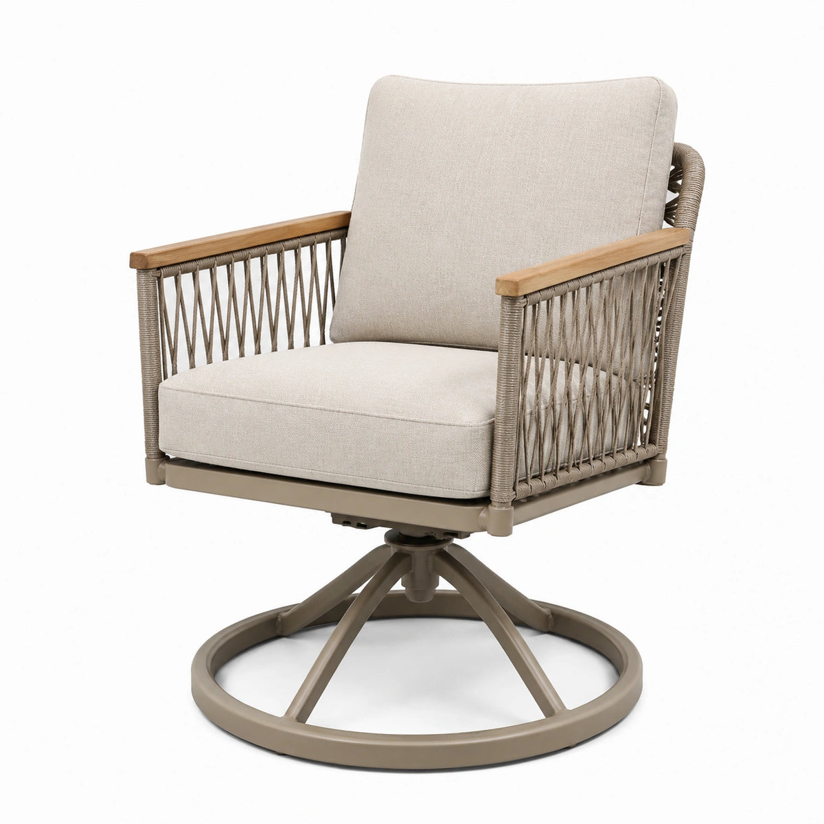 Drehbarer Outdoor-Sessel mit Seilgeflecht, Beige/Taupe/Naturholz, 78 x 82 x 95 cm