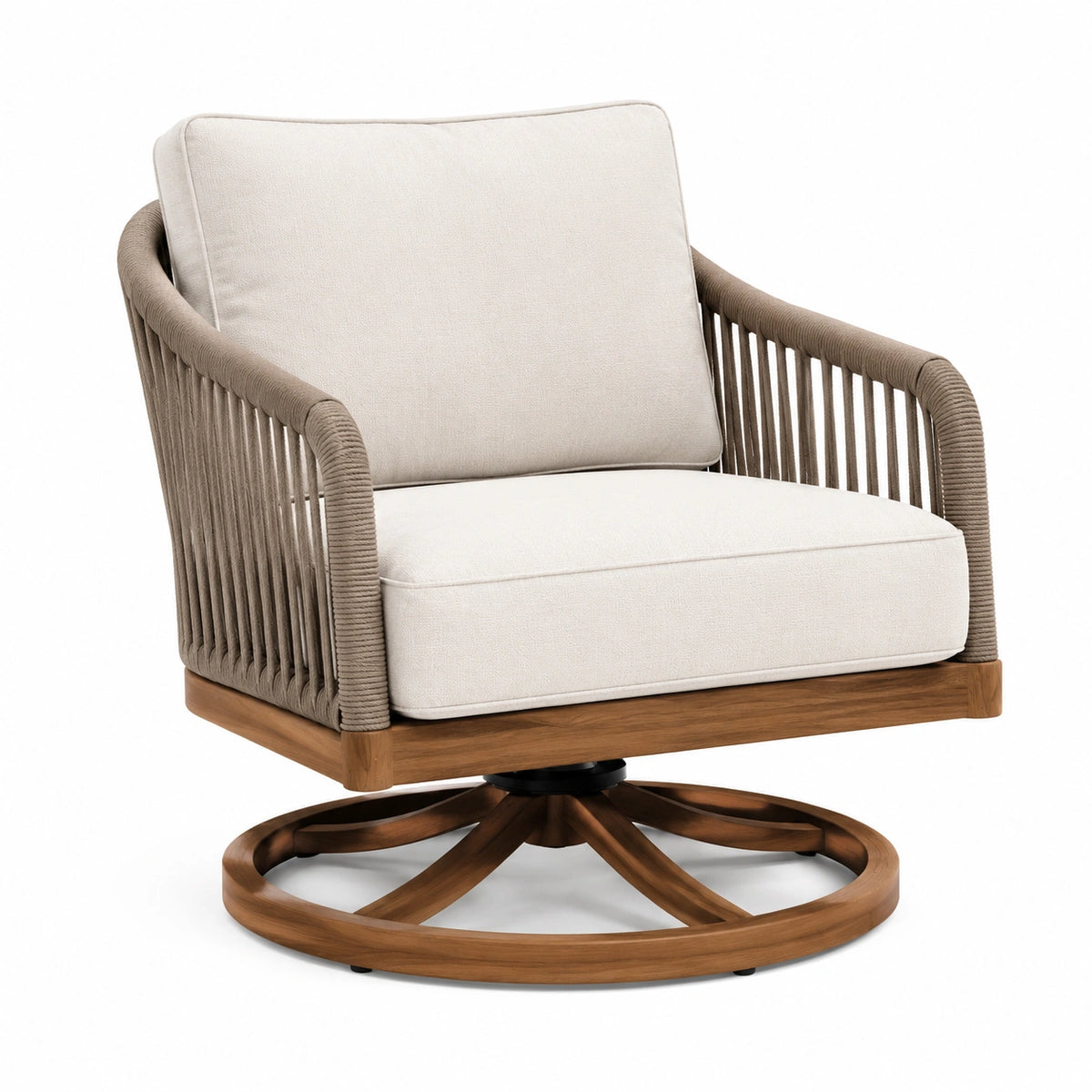 Drehbarer Sessel aus Holz mit Seilgeflecht und Polsterung in Beige/Braun, 82 × 85 × 83 cm