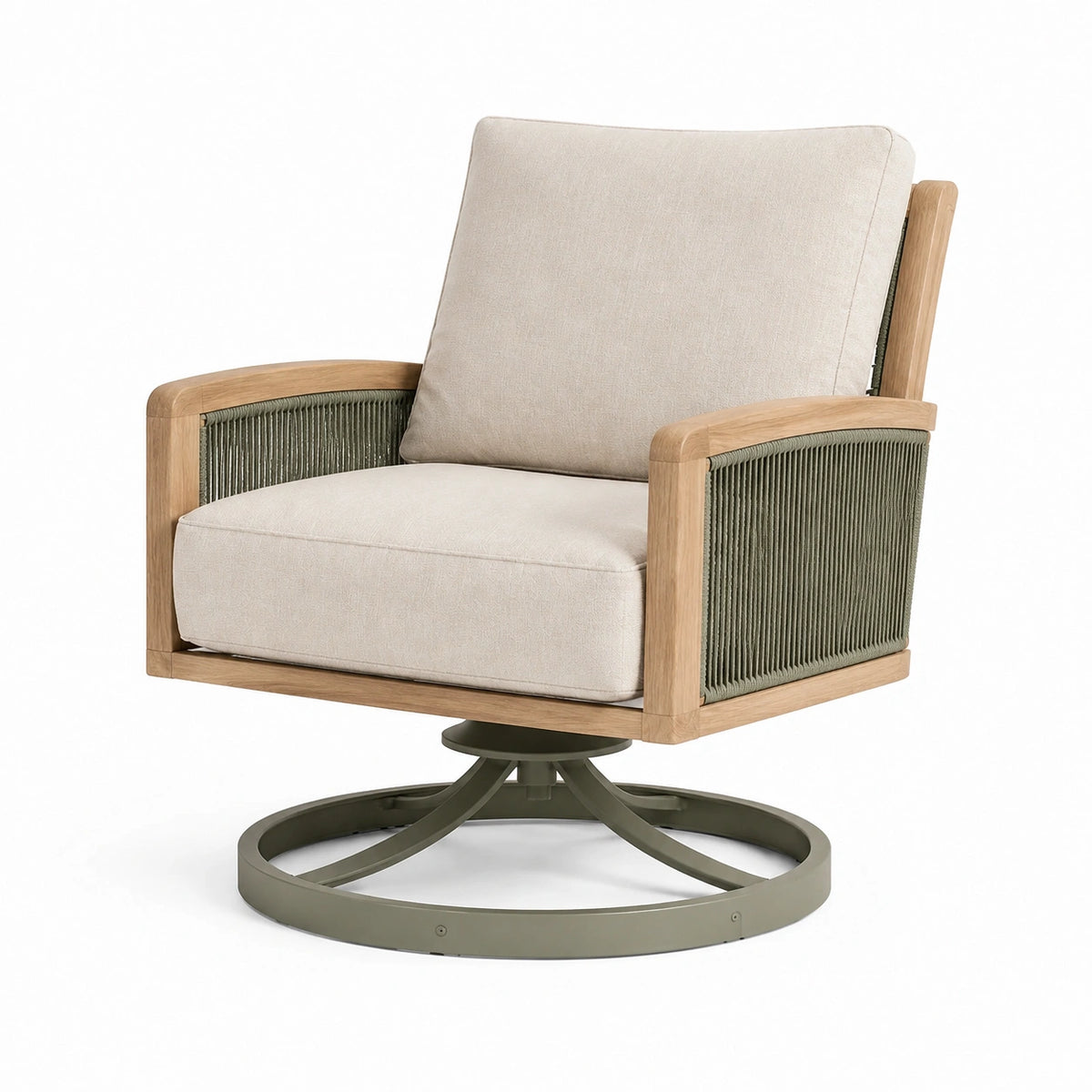 Drehsessel 80 x 85 x 90 cm mit Holzrahmen, Seilbespannung und Metallgestell in Beige, Grün und Naturholz