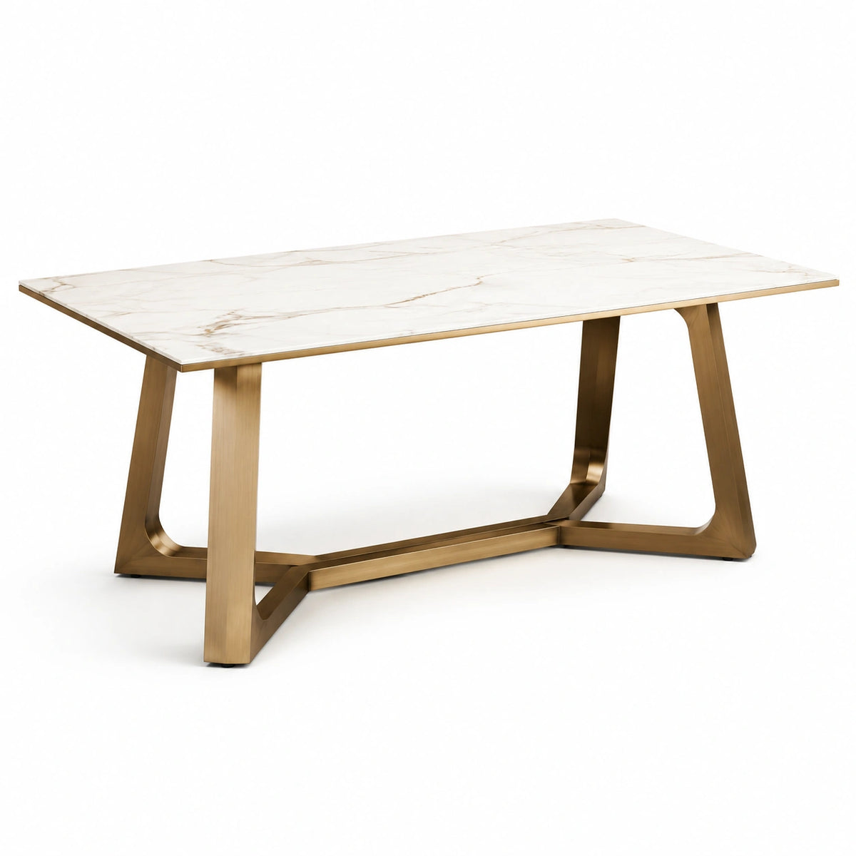 Rechteckiger Esstisch 180 × 90 × 75 cm aus Keramik und Metall in Weiß/Gold mit Marmoroptik