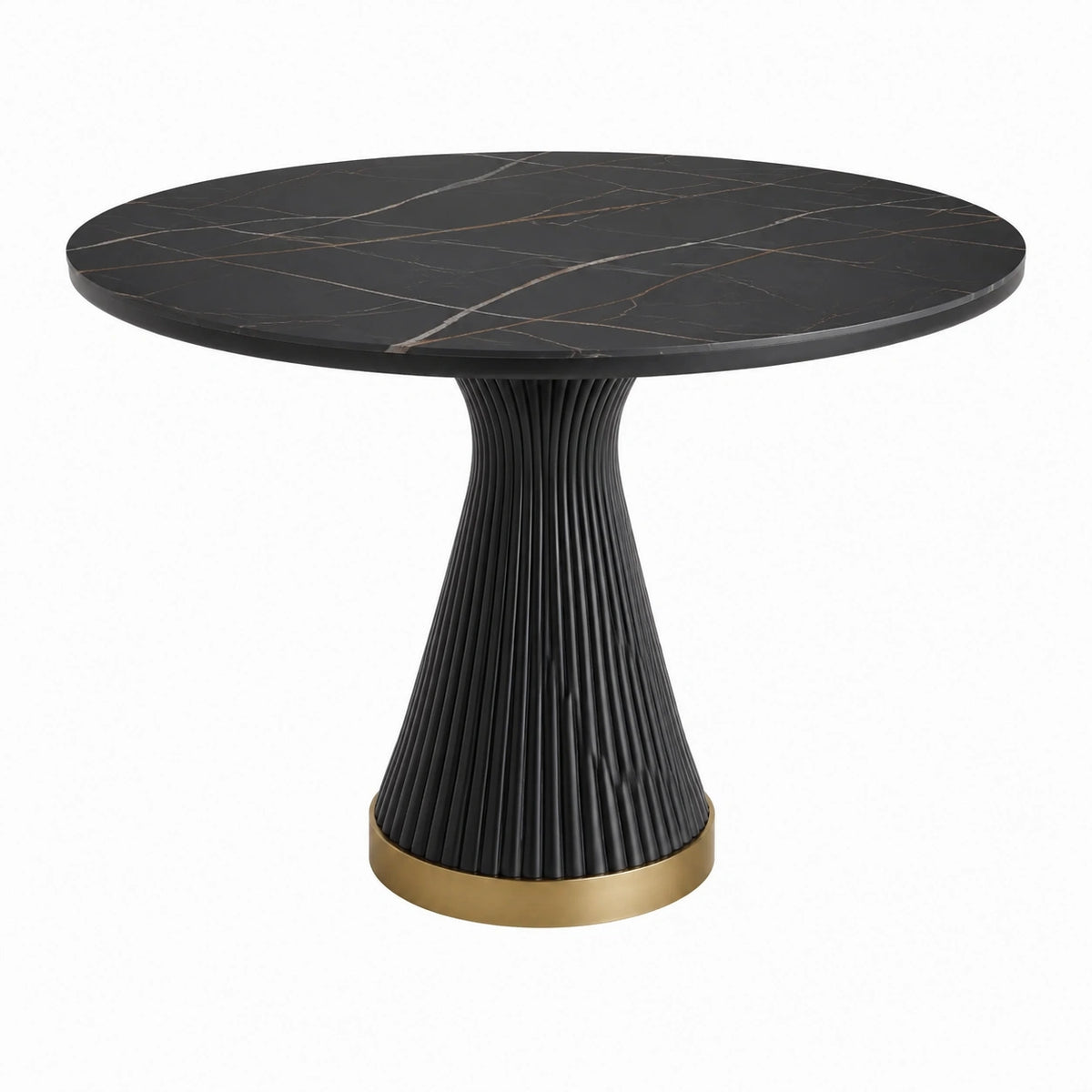 Runder Esstisch Ø 110 x 75 cm in schwarzer Marmoroptik mit geripptem Metallfuß und goldfarbenem Standring