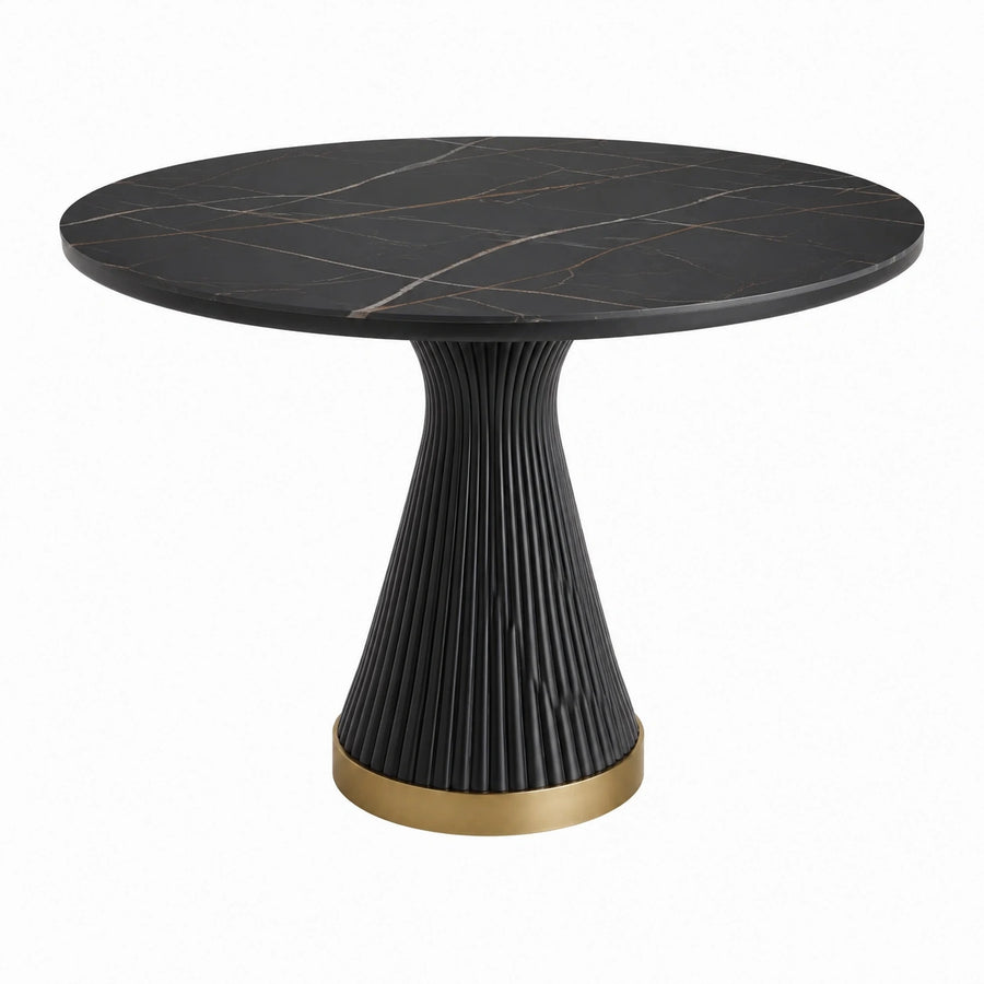 Runder Esstisch Ø 110 x 75 cm in schwarzer Marmoroptik mit geripptem Metallfuß und goldfarbenem Standring