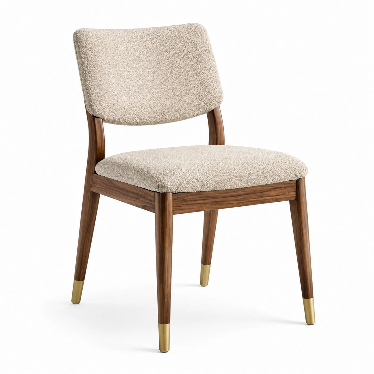 Moderner Polsterstuhl 55 × 60 × 82 cm mit Bouclé-Bezug in Beige, Walnussholz und goldfarbenen Akzenten