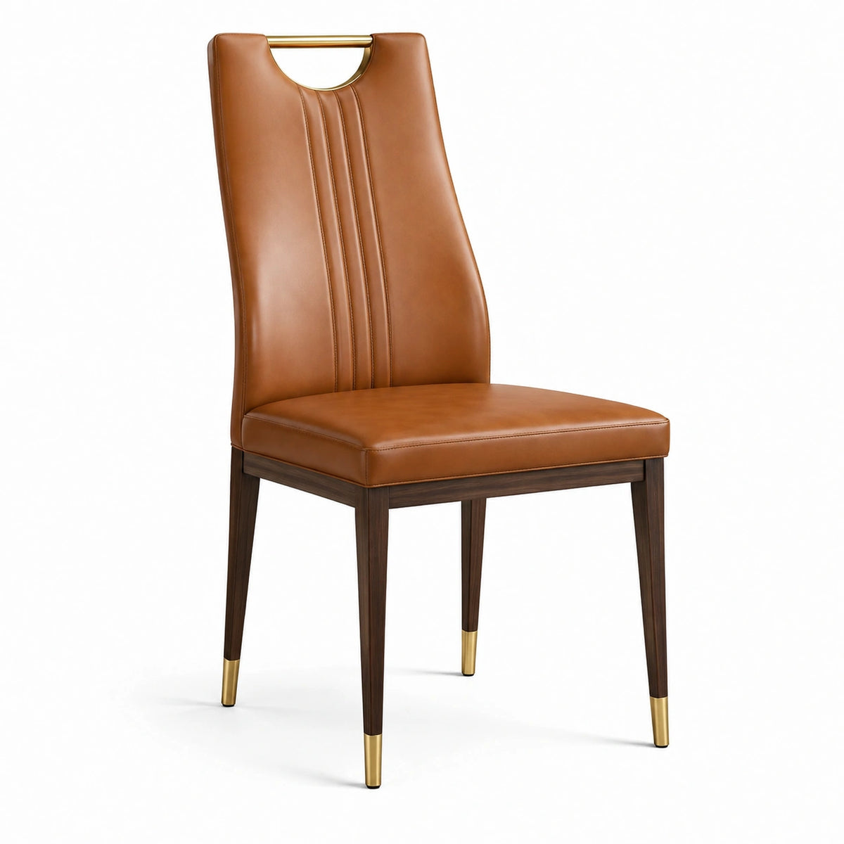 Moderner Stuhl aus Kunstleder in Cognacbraun, 48 × 58 × 99 cm, mit dunkelbraunen Holzbeinen und goldfarbenen Akzenten