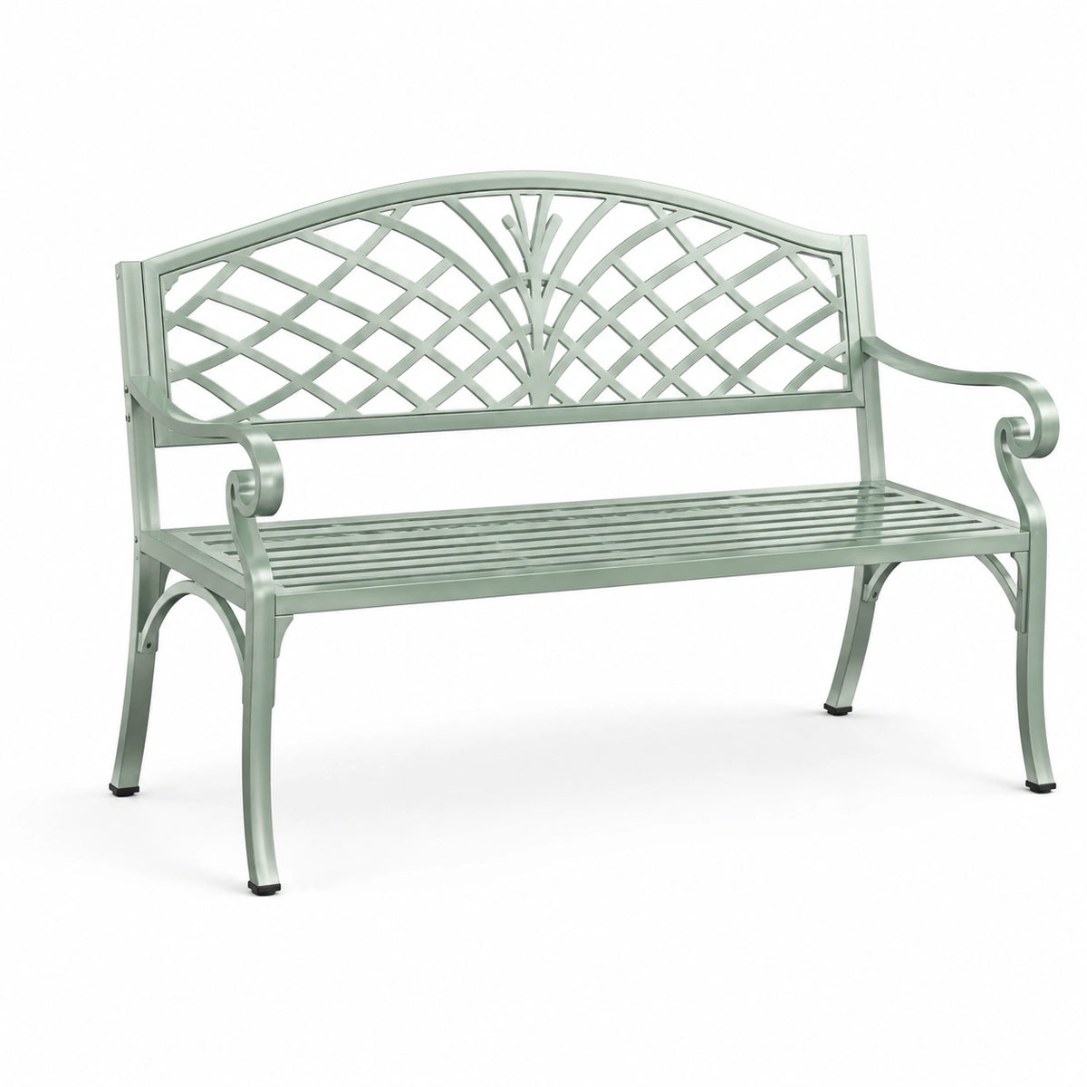 Metall-Gartenbank Hellgrün, 127 × 60 × 88 cm, mit dekorativer Gitterrückenlehne