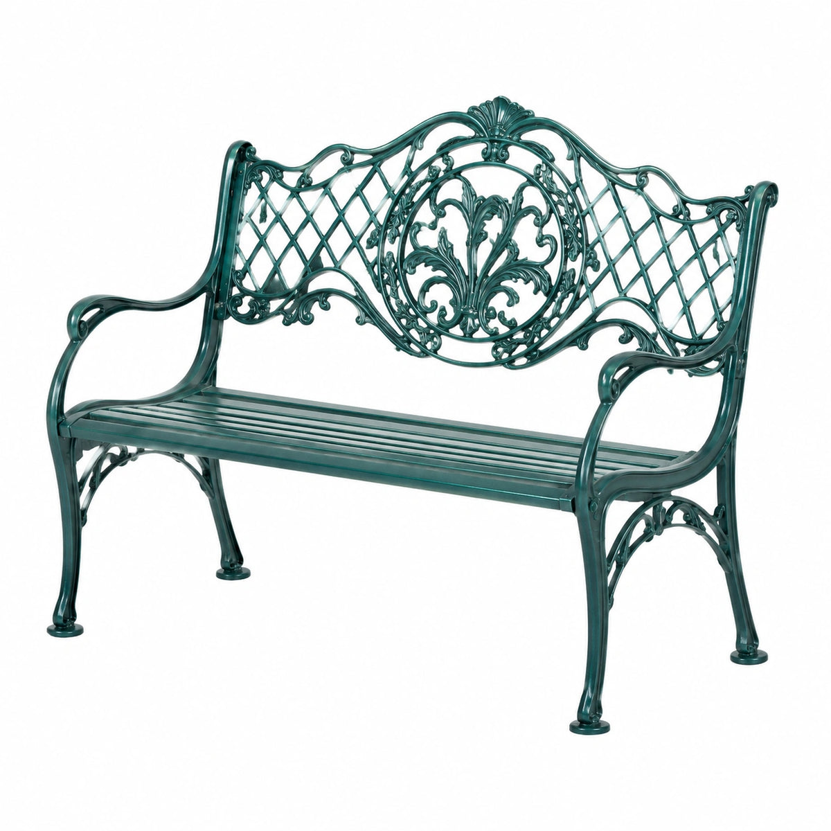 Ornamentale Metall-Gartenbank in Dunkelgrün, 128 × 60 × 90 cm