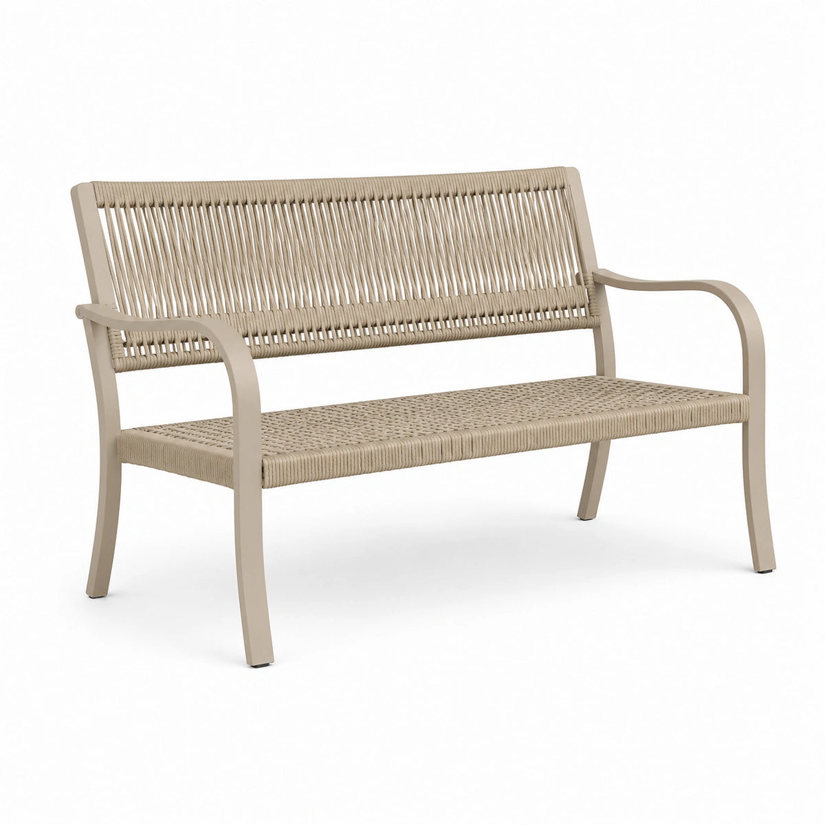 Zweisitzige Gartenbank mit Armlehnen aus Metall und Seilgeflecht, Beige, 125 x 65 x 85 cm